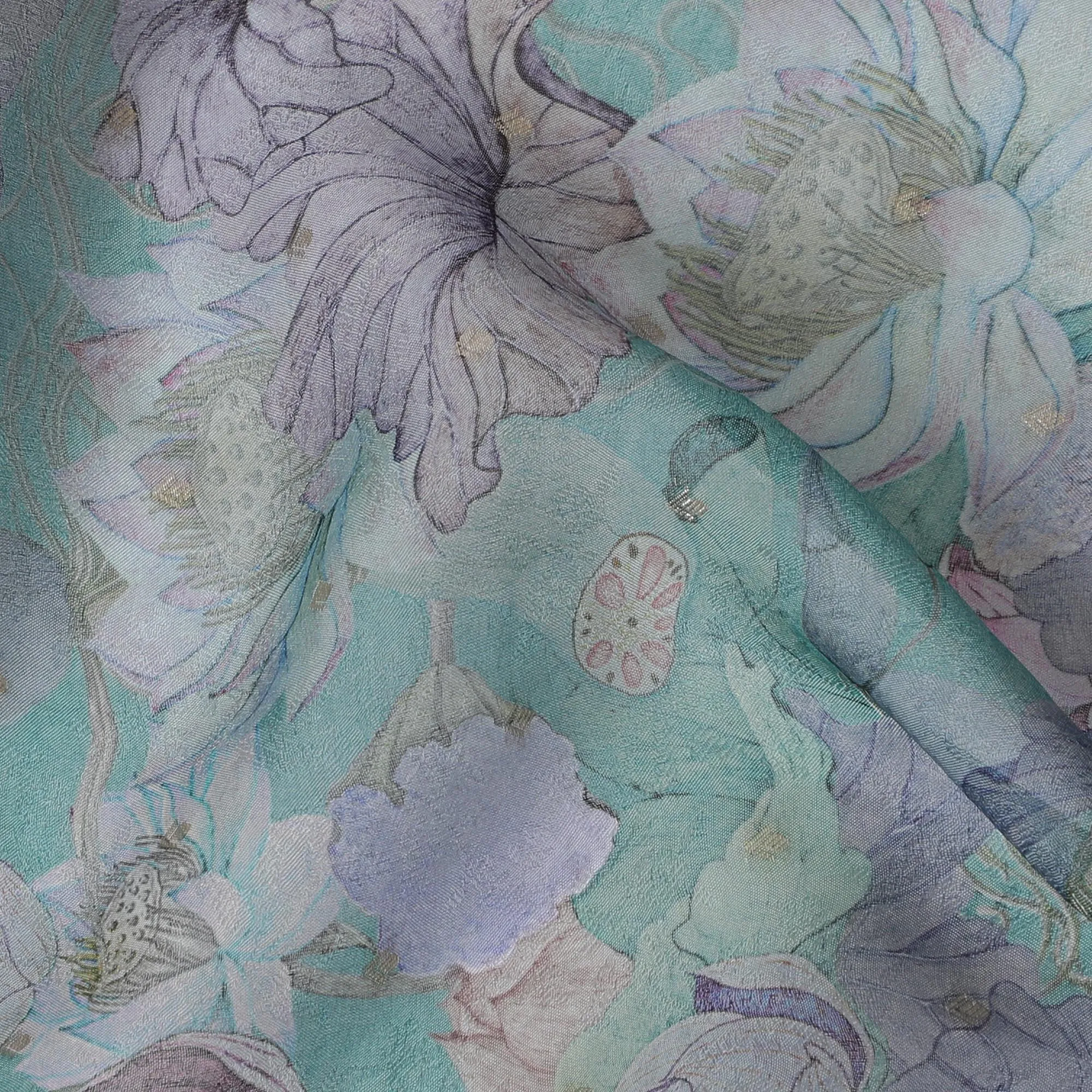 Aqua Blue and Lavender Floral Synthetic Organza Fabric - 110 cm Width, Made in India-D19641