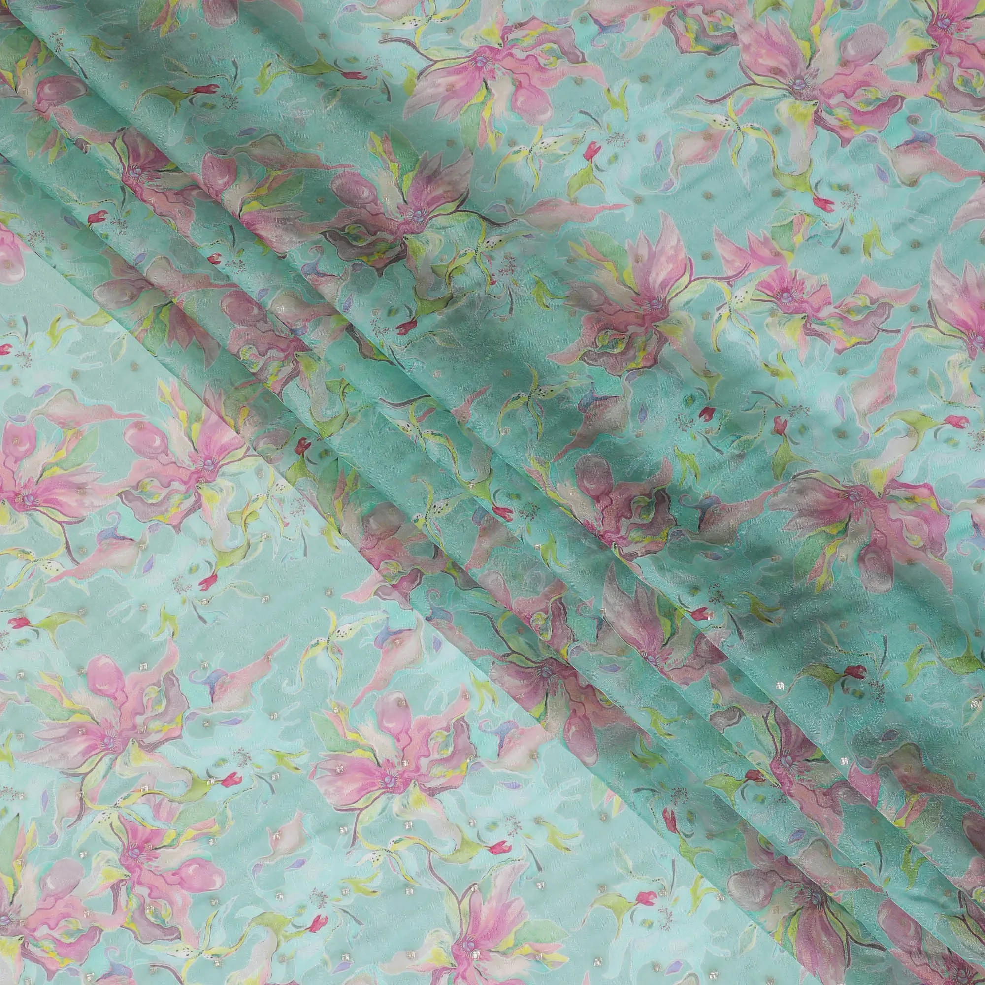 Aqua Blue Floral Synthetic Organza Fabric - 110 cm Width, Made in India-D19633