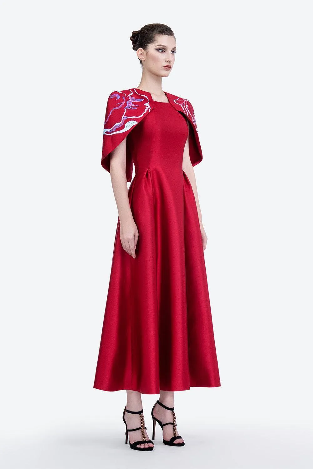 Austin A-line Cape Shoulder Zibeline Midi Dress