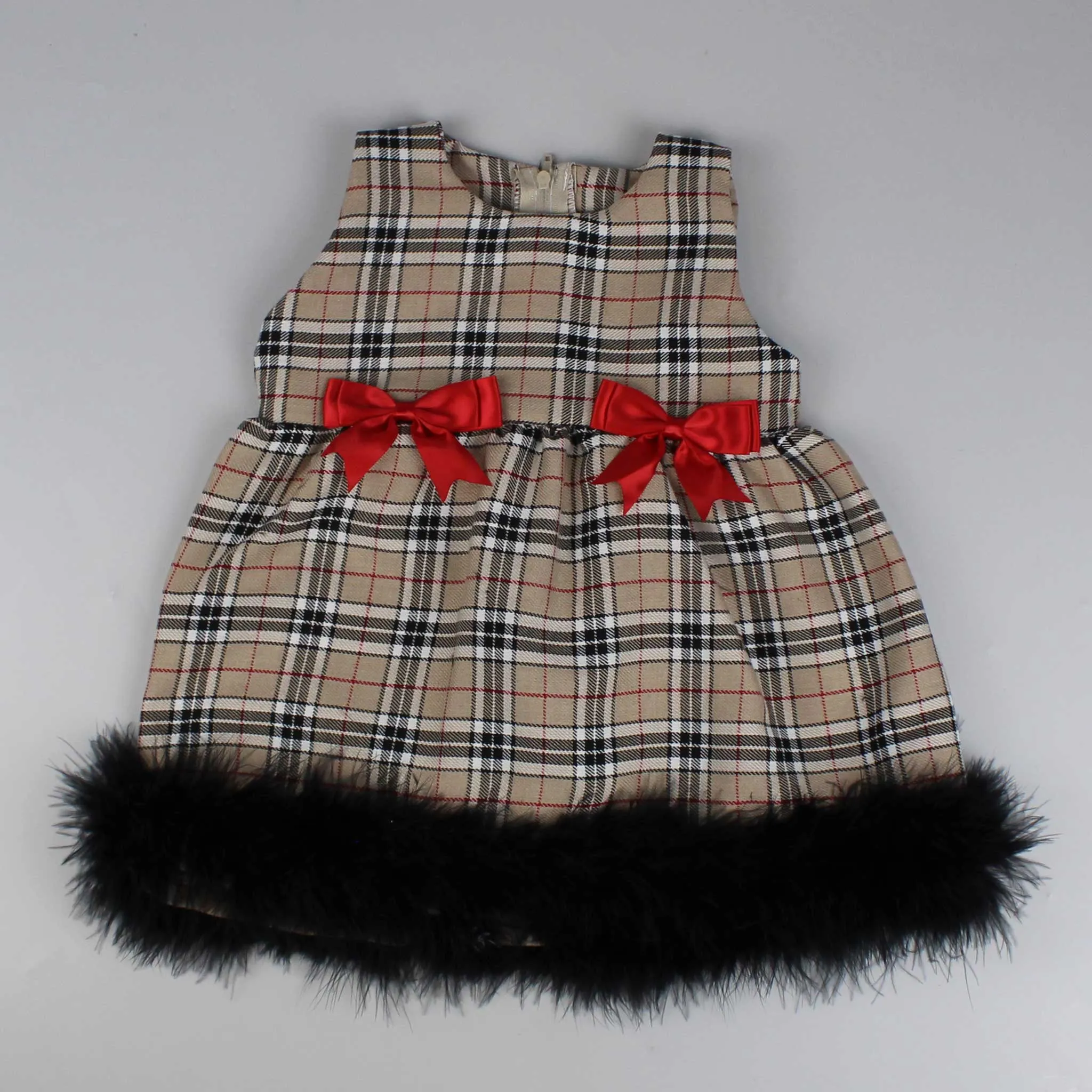 Baby Girls Beige Tartan Dress with Cape - Marabou Feather Trim