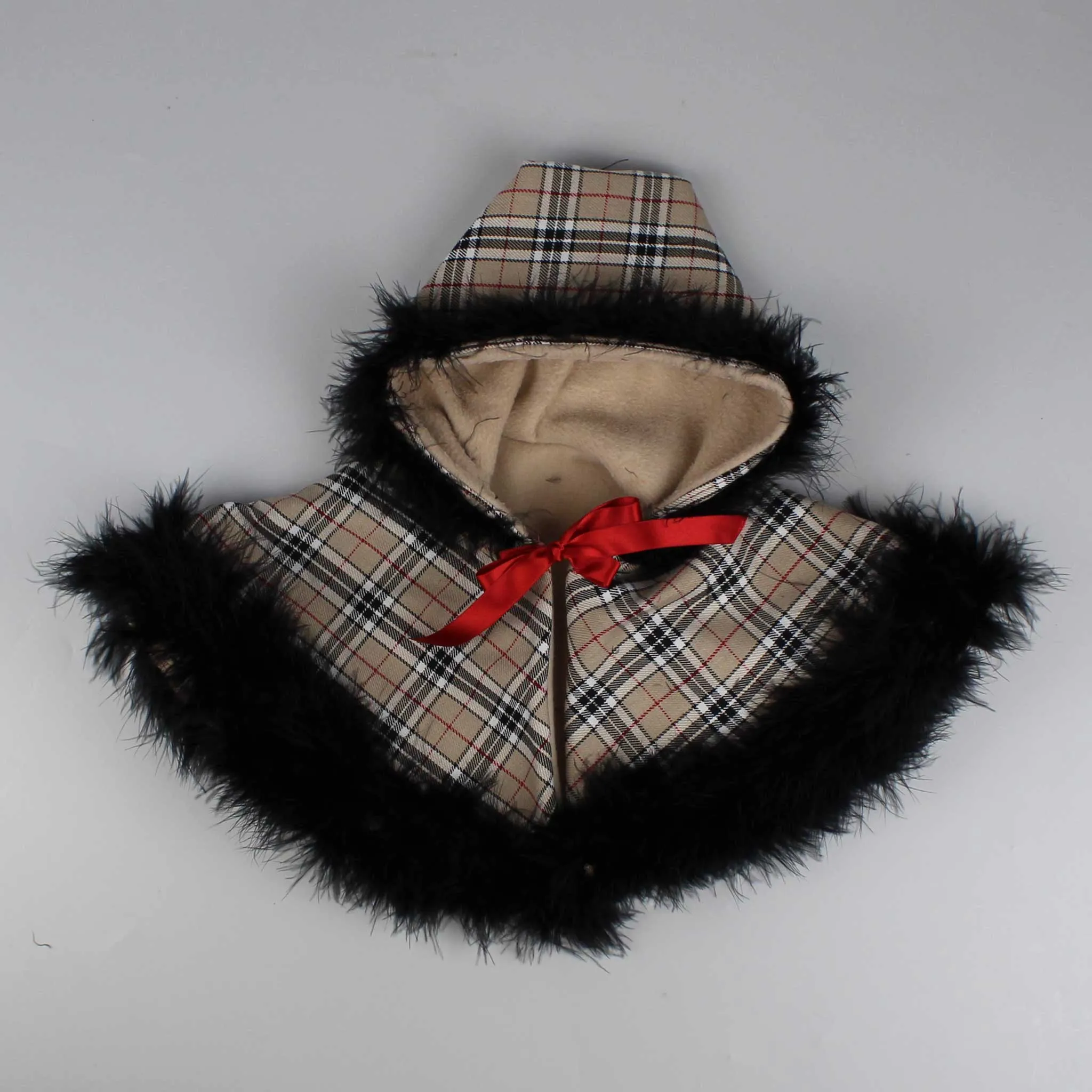 Baby Girls Beige Tartan Dress with Cape - Marabou Feather Trim