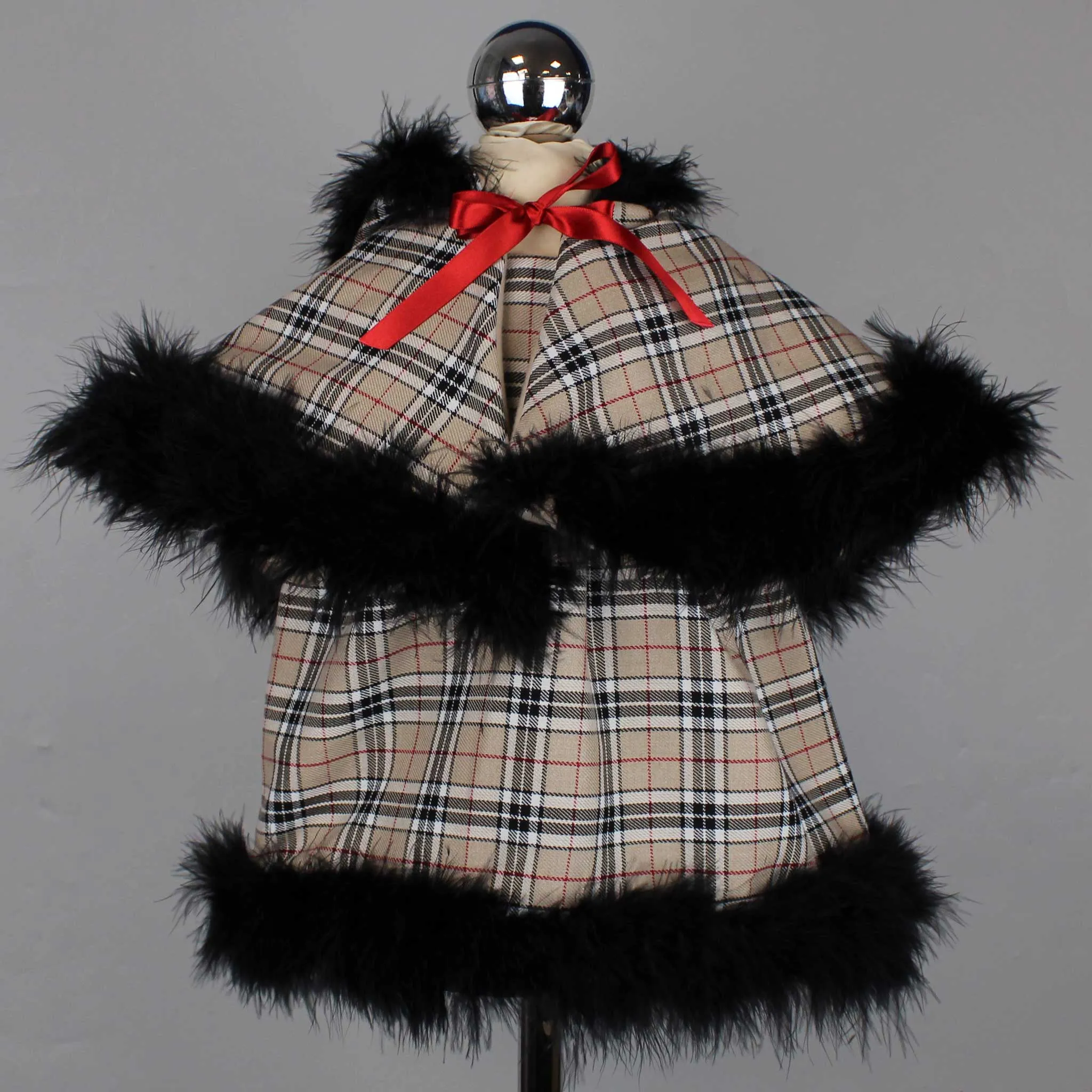 Baby Girls Beige Tartan Dress with Cape - Marabou Feather Trim