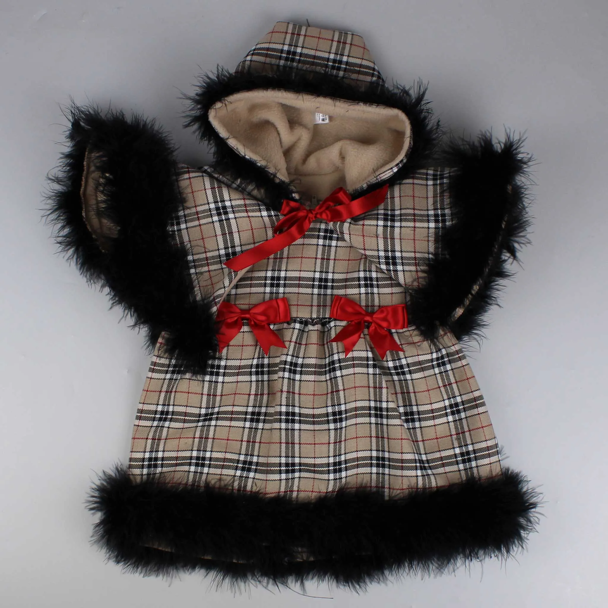 Baby Girls Beige Tartan Dress with Cape - Marabou Feather Trim