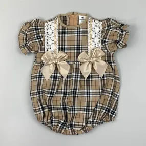 Baby Girls Beige Tartan Romper with Two Bows