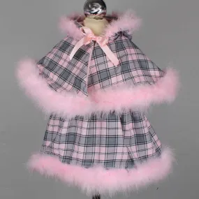 Baby Girls Pink Tartan Dress with Cape - Marabou Feather Trim