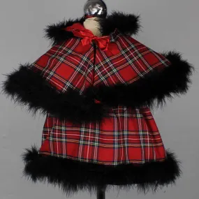 Baby Girls Red Tartan Dress with Cape - Marabou Feather Trim