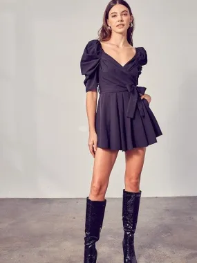 Back in Black Front Tie Pleated Romper