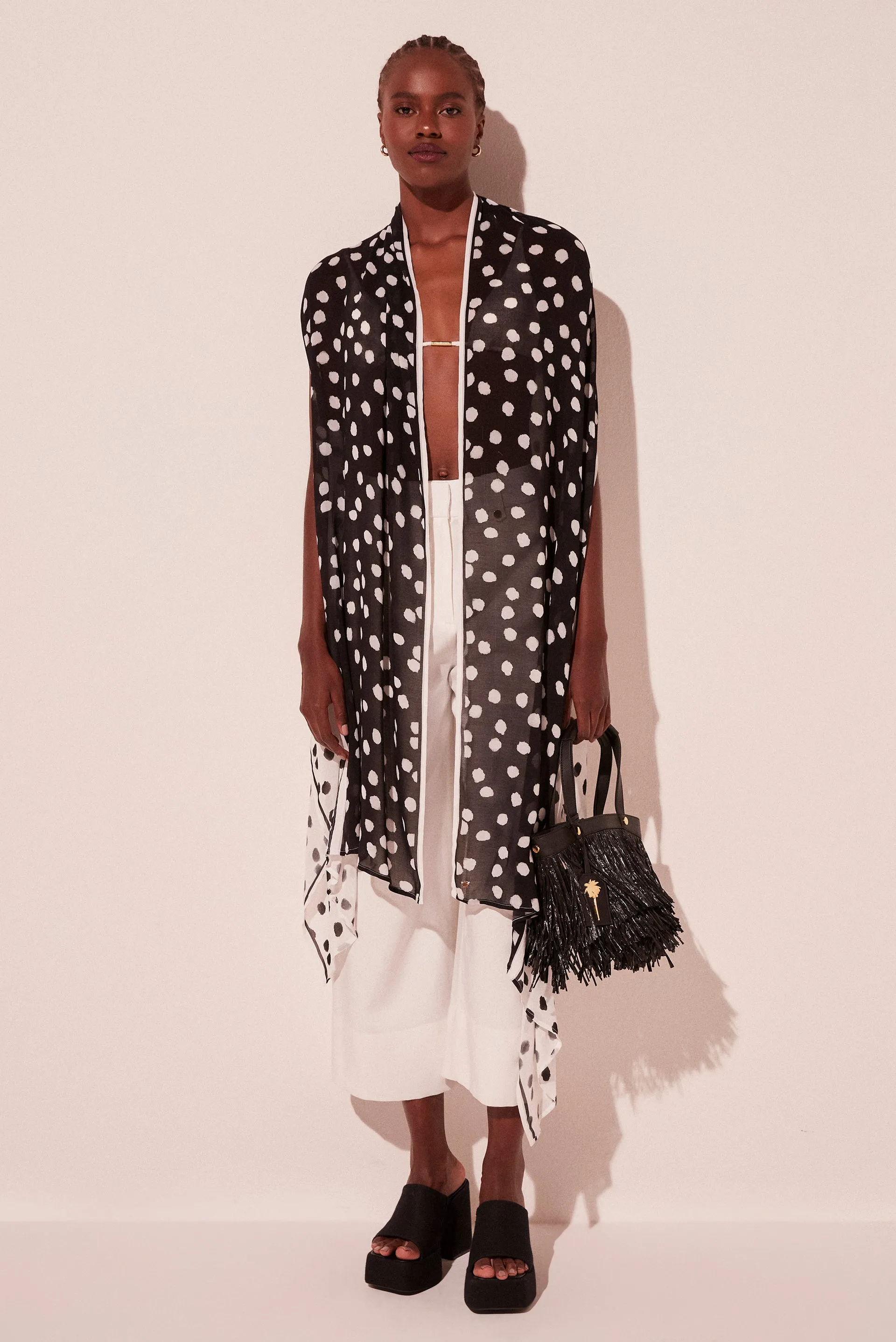 B&W Polka Dot Scarf Midi Cape E4900A2091