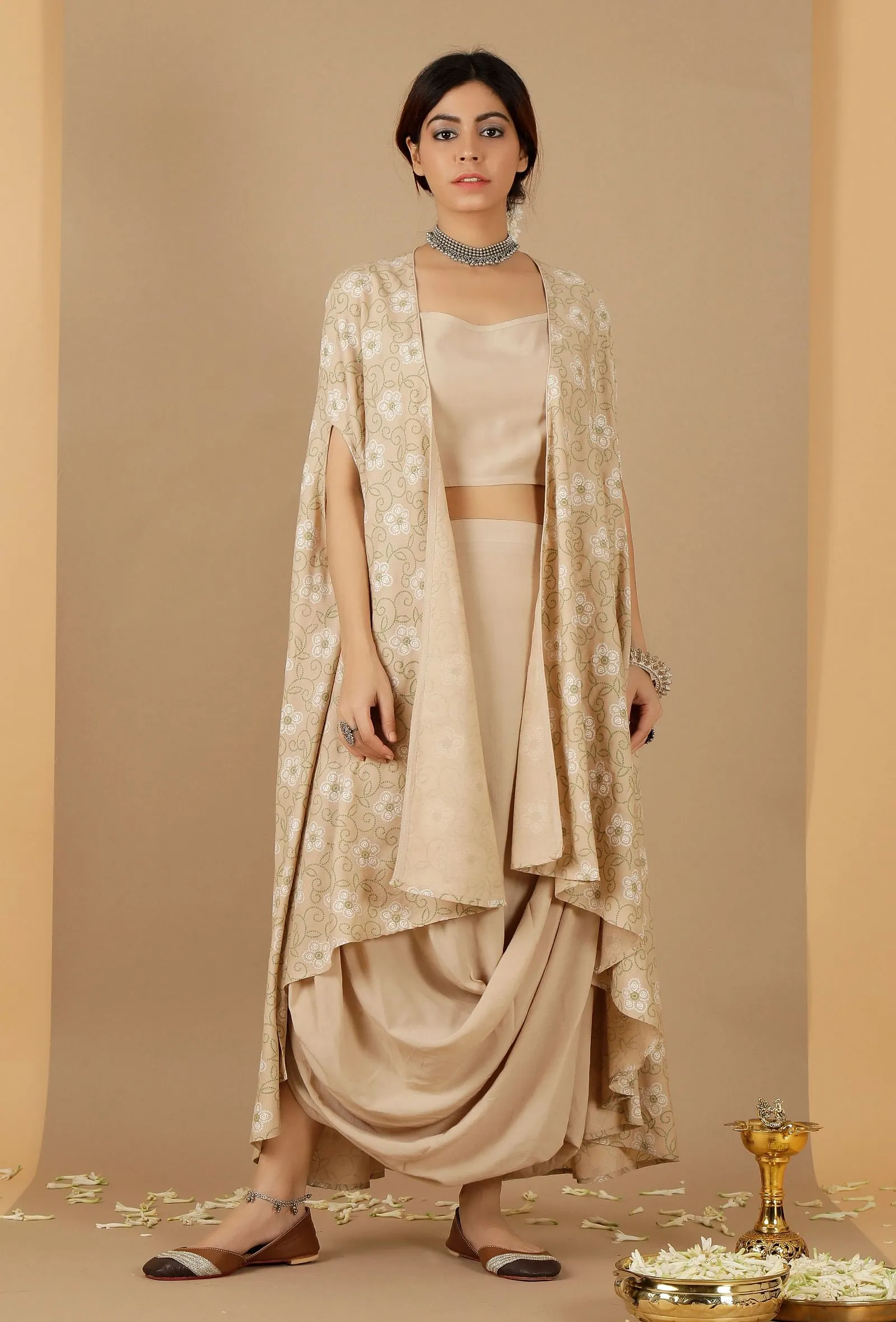 Beige Bandhani Asymmetrical Cape