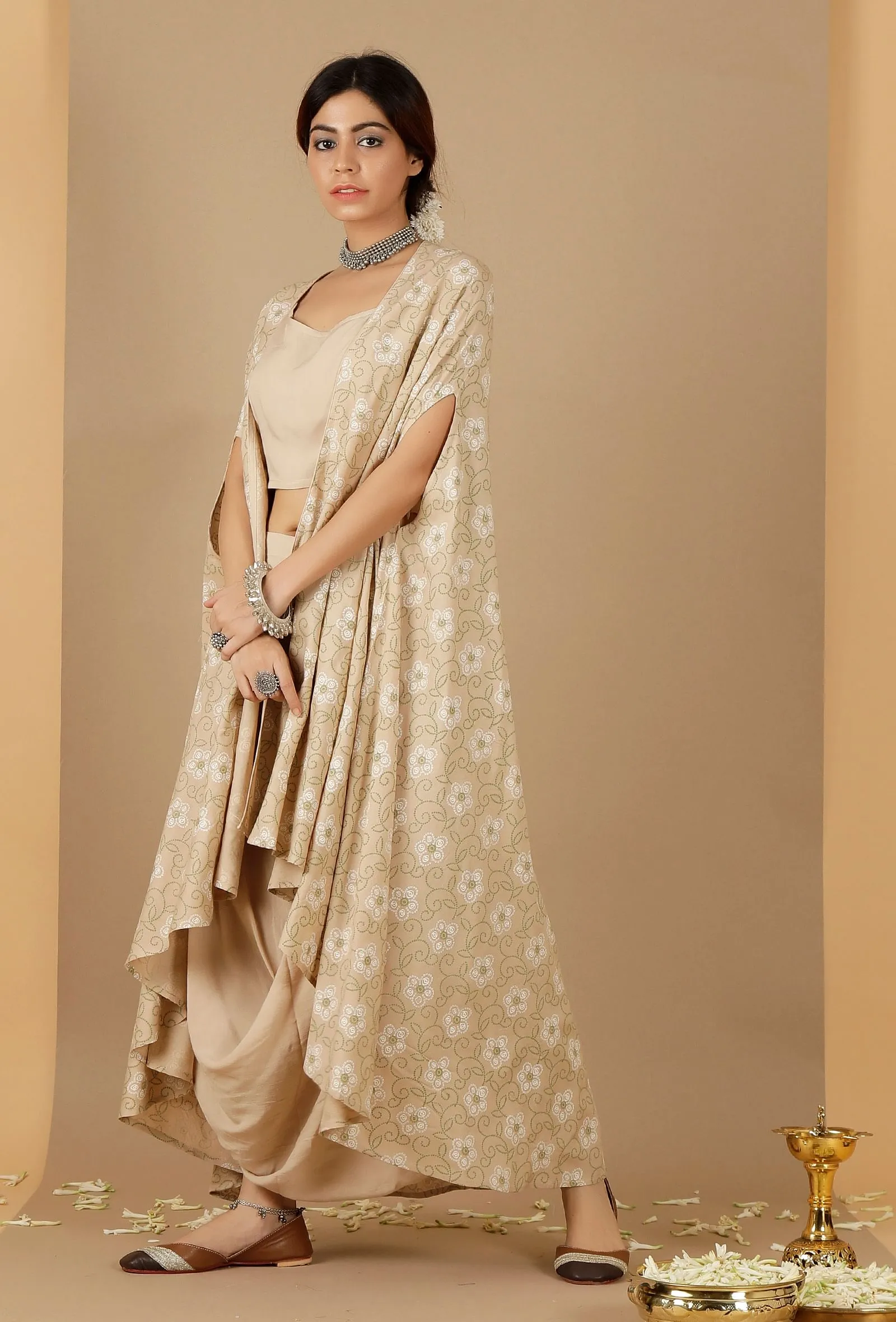 Beige Bandhani Asymmetrical Cape