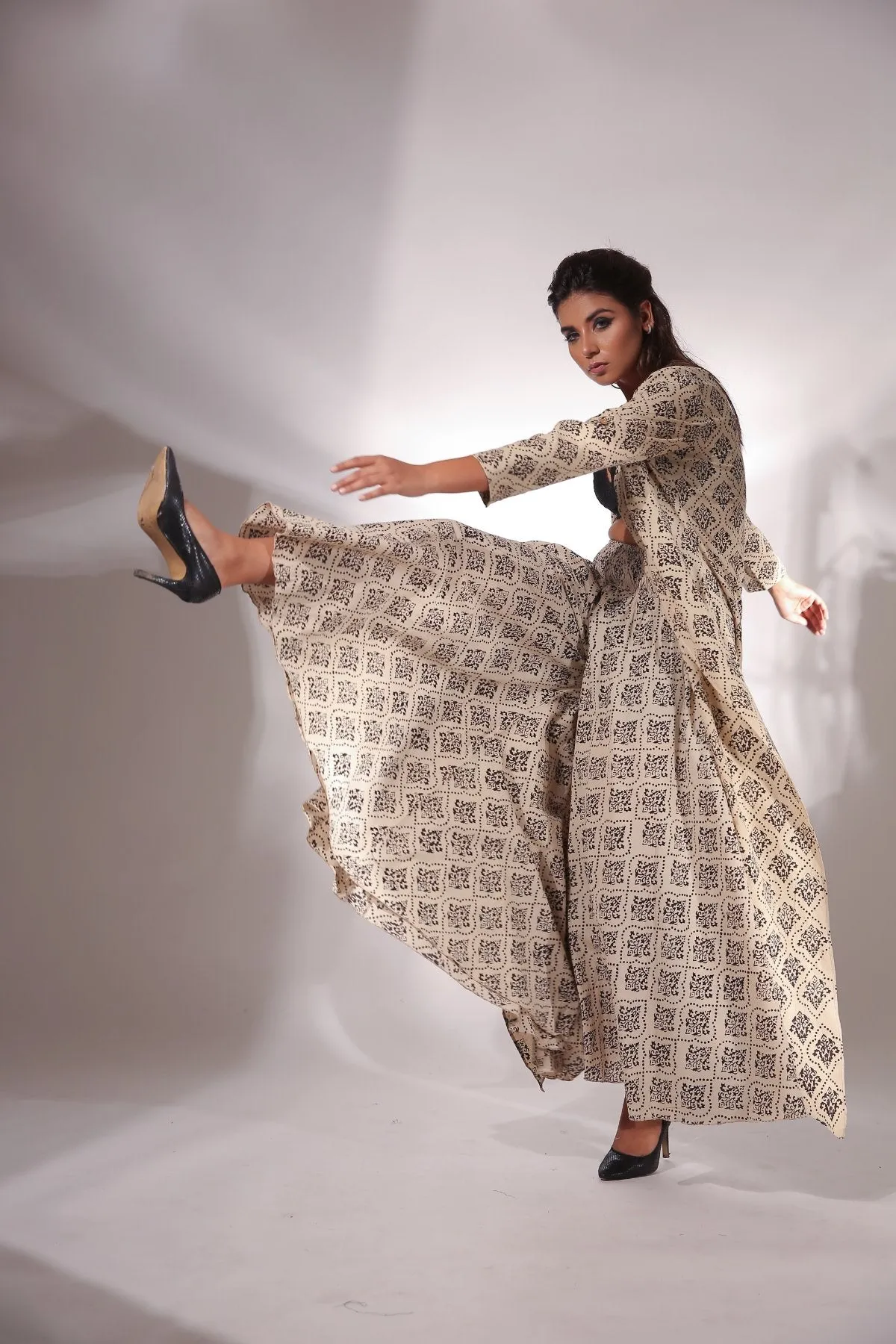 Beige Block Printed Cape With Pants