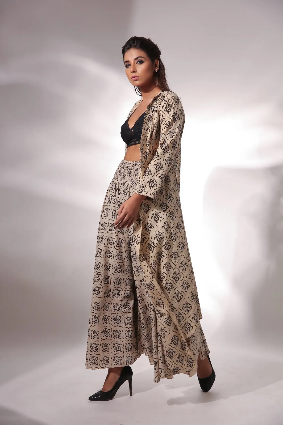 Beige Block Printed Cape With Pants