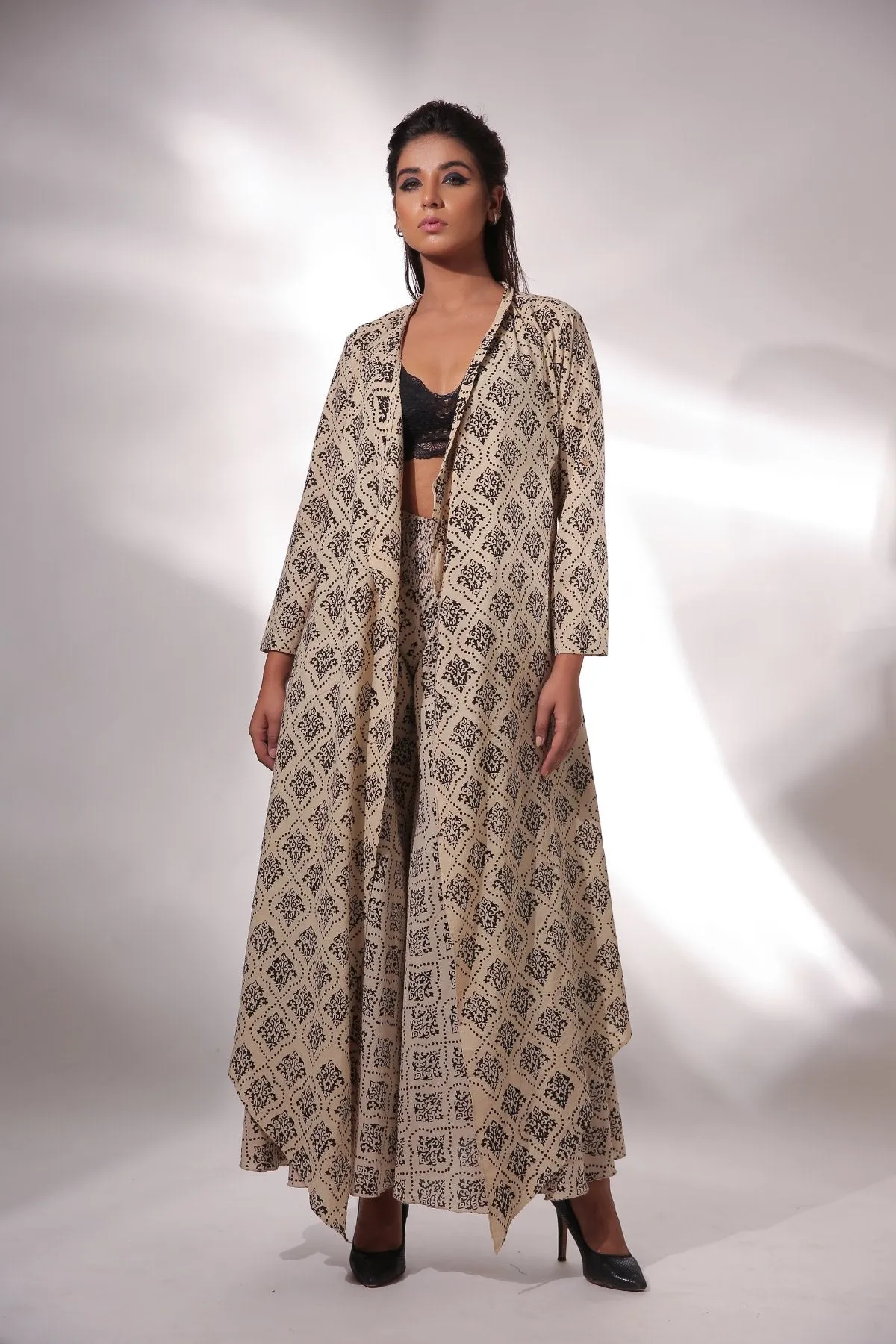 Beige Block Printed Cape With Pants