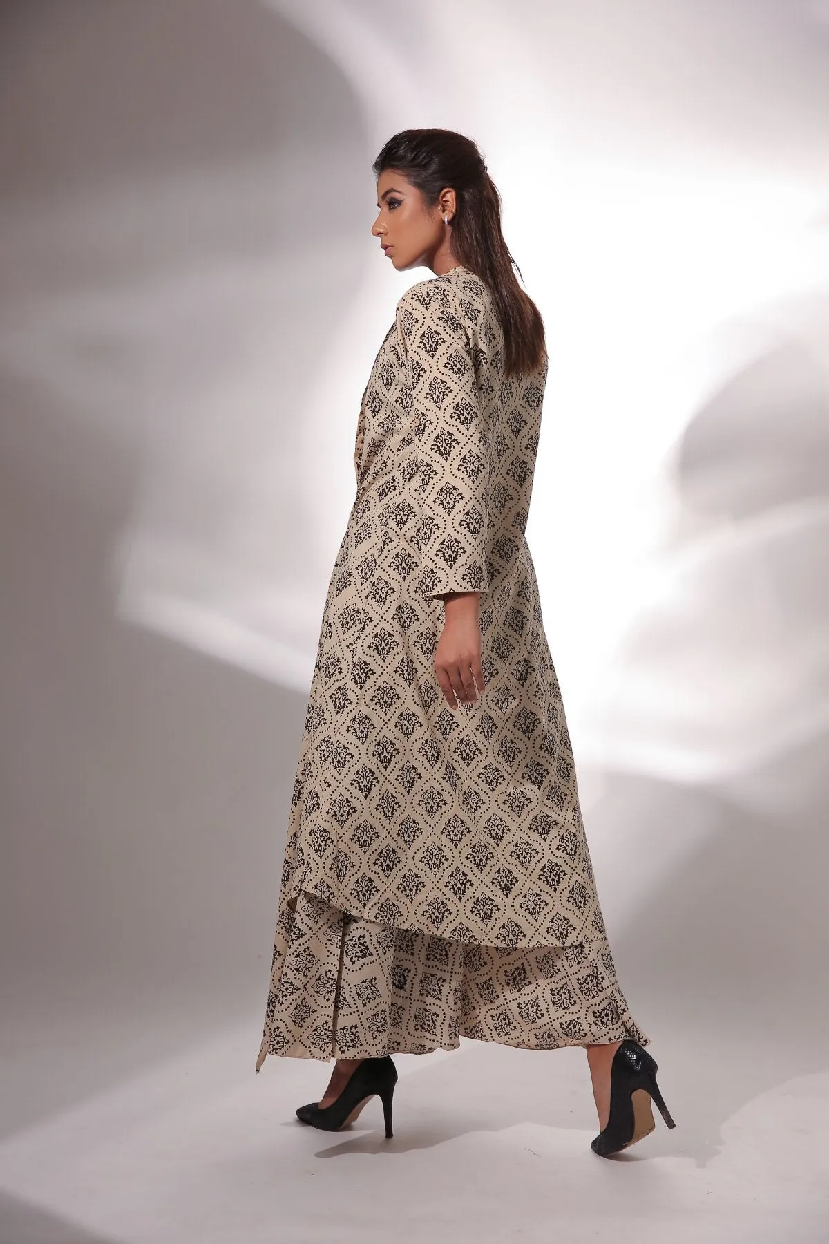 Beige Block Printed Cape With Pants