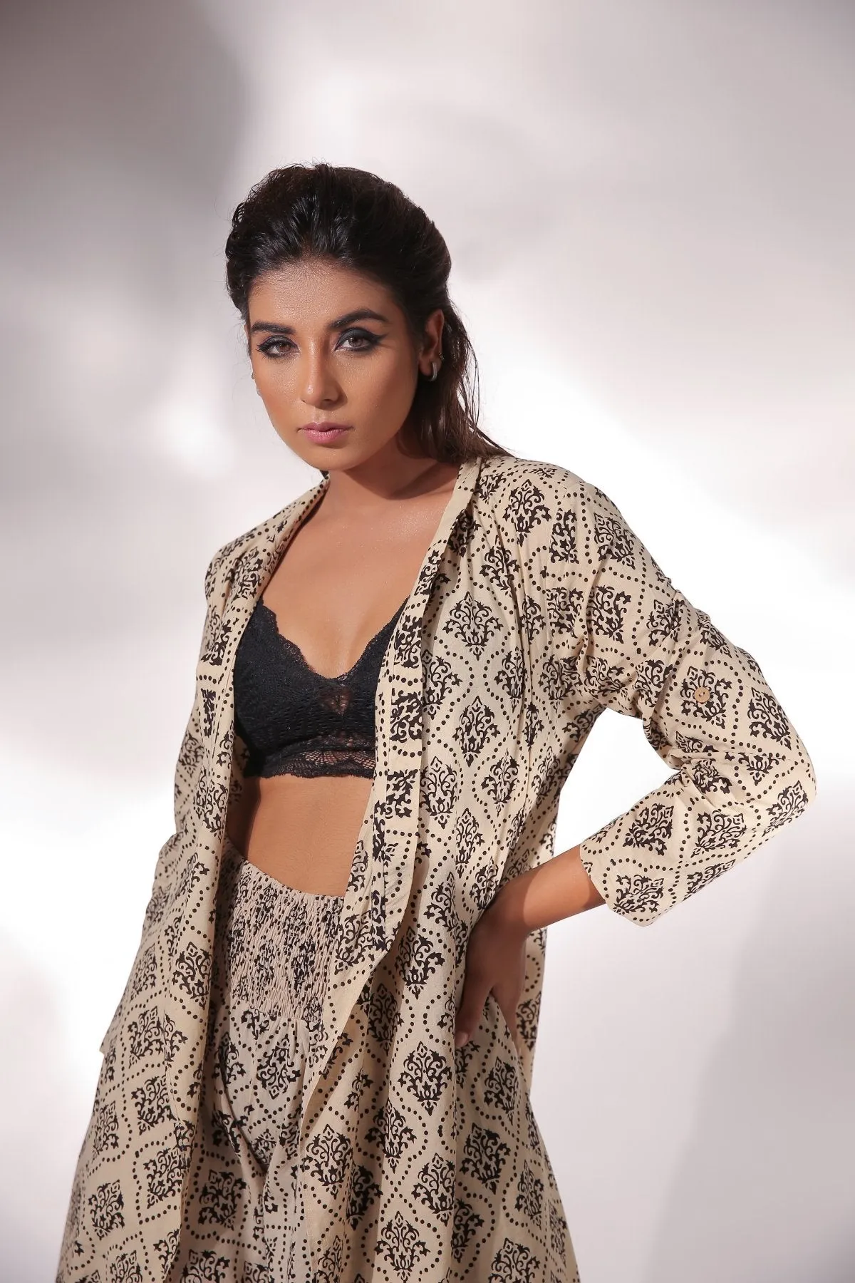 Beige Block Printed Cape With Pants