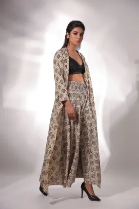 Beige Block Printed Cape With Pants