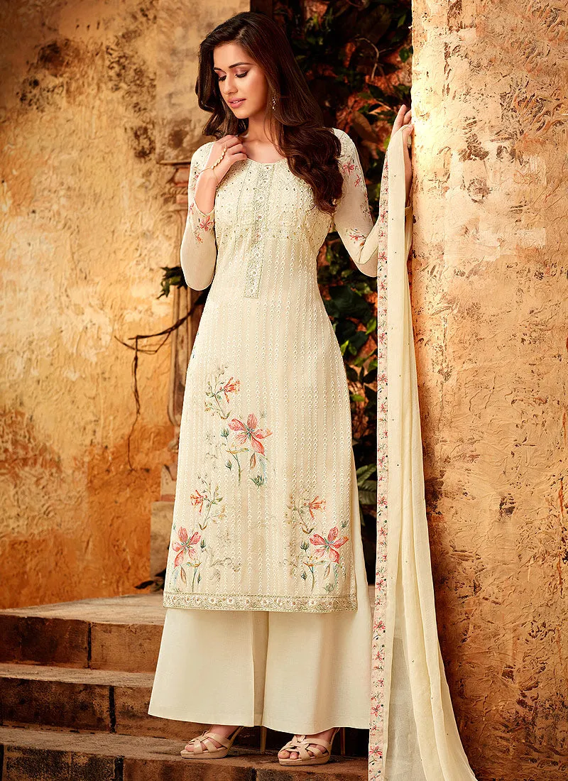 Beige Overall Multi Embroidered And Printed Designer Palazzo Suit