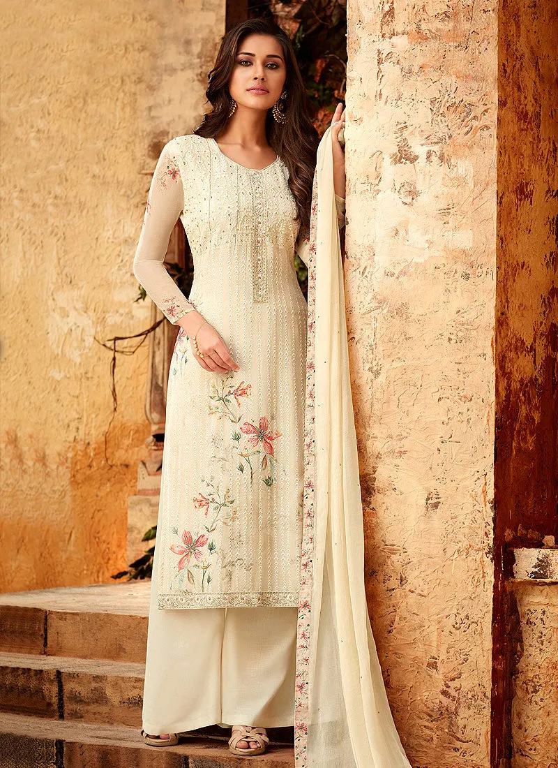 Beige Overall Multi Embroidered And Printed Designer Palazzo Suit