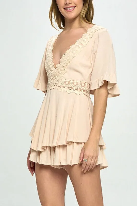 Beige Ruffle Sleeved Short Romper with Crochet Trim