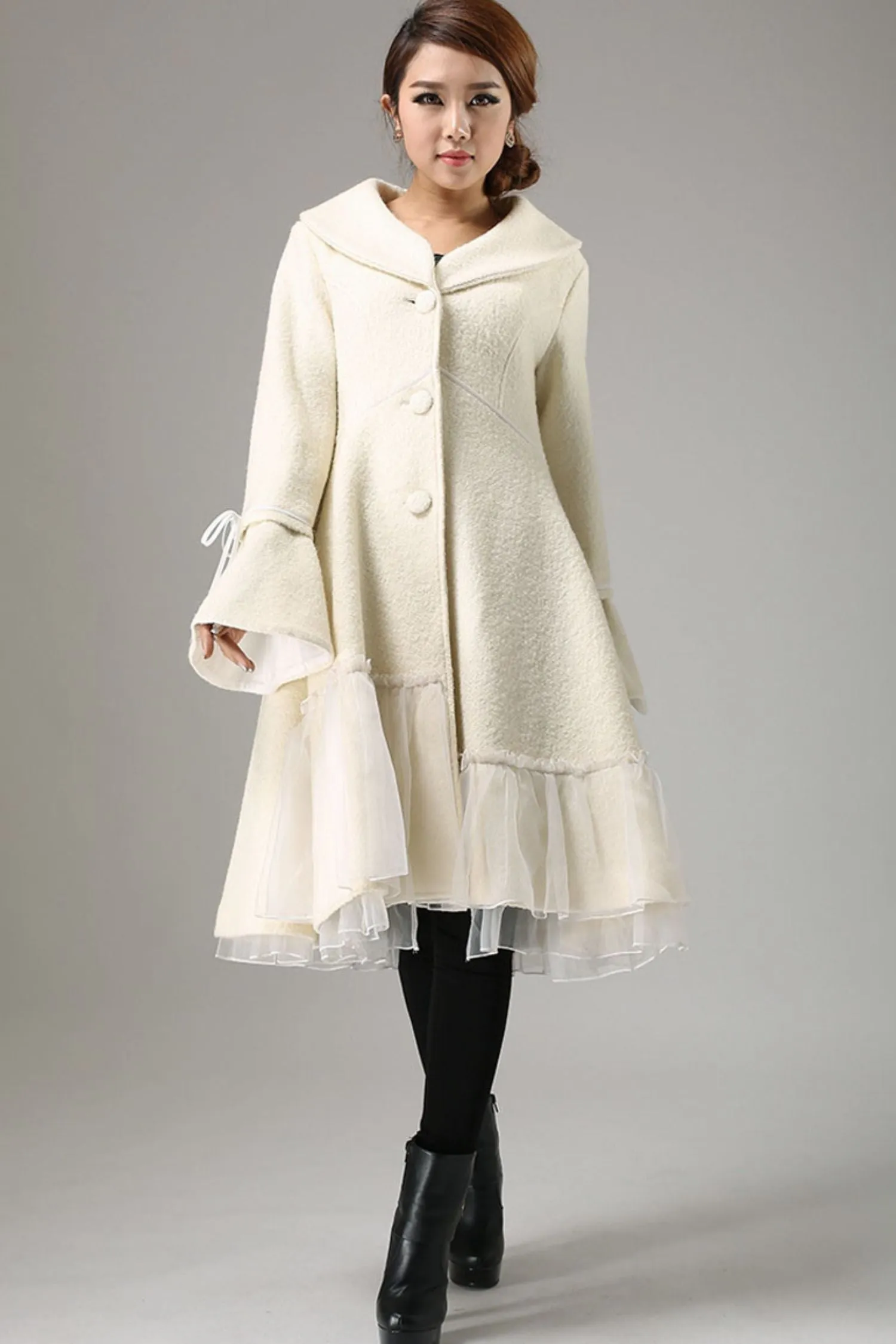 Beige white wool winter warm jacket long sleeve outwear 0725#