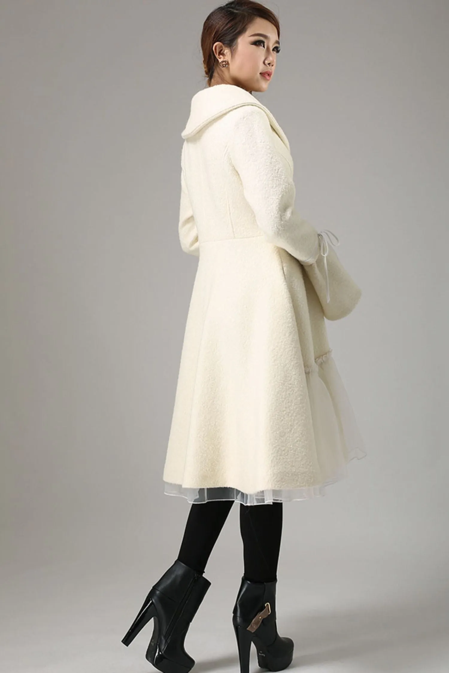 Beige white wool winter warm jacket long sleeve outwear 0725#