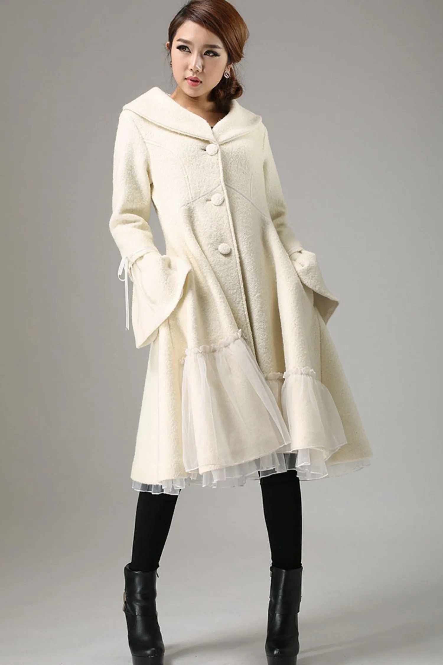 Beige white wool winter warm jacket long sleeve outwear 0725#