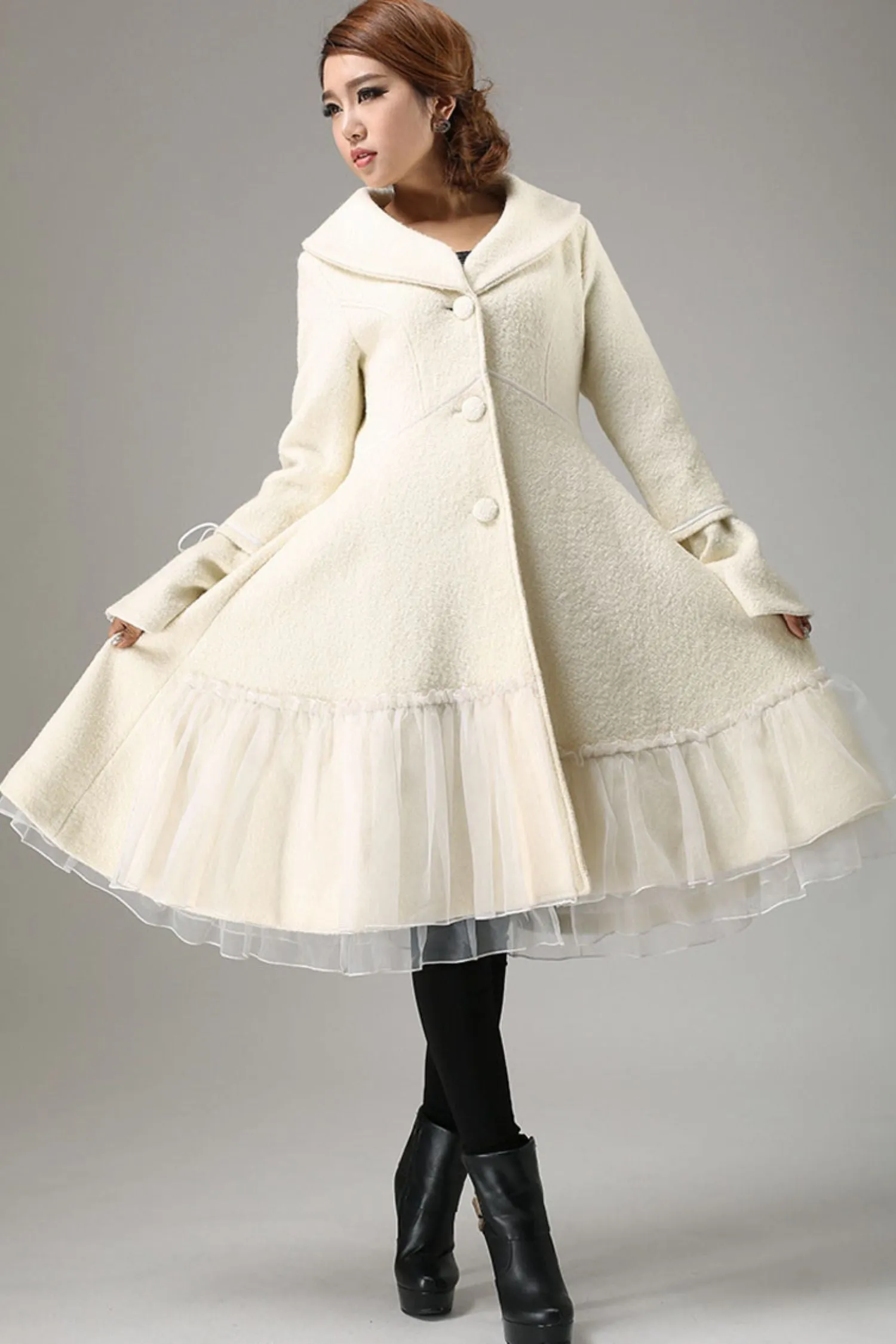 Beige white wool winter warm jacket long sleeve outwear 0725#