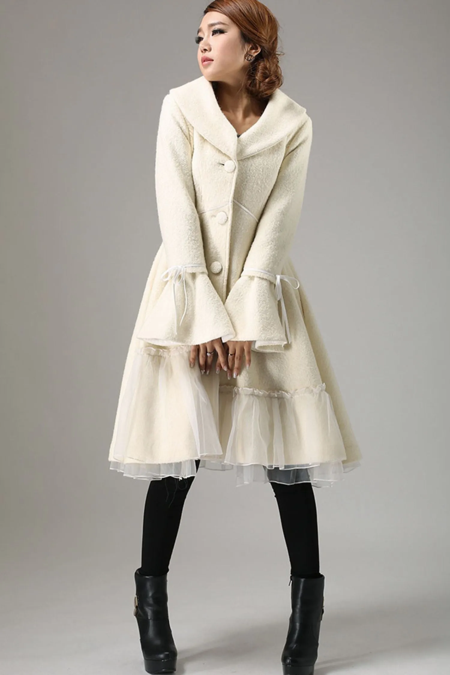 Beige white wool winter warm jacket long sleeve outwear 0725#