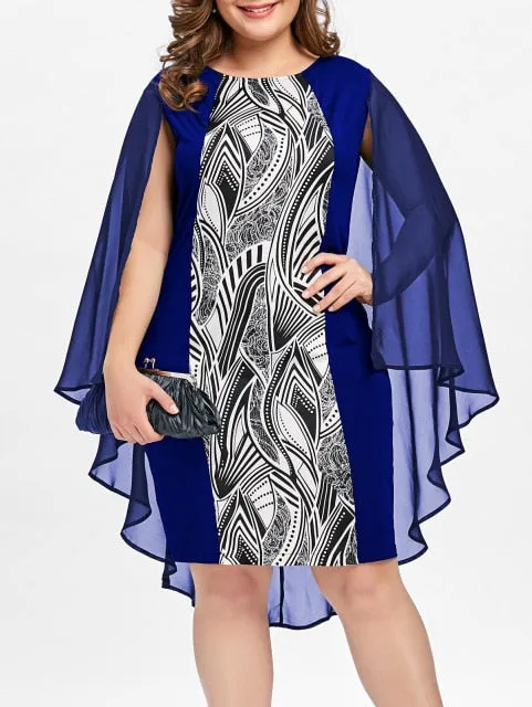 Big Size Print Cape O-Neck Bobycon Dress