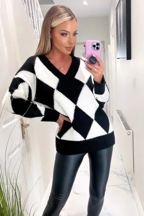 Black And White Geo Diamond Pattern V Neck Long Sleeve Knitted Jumper