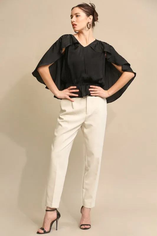 Black Cape Sleeve and Elastic Waist Blouse