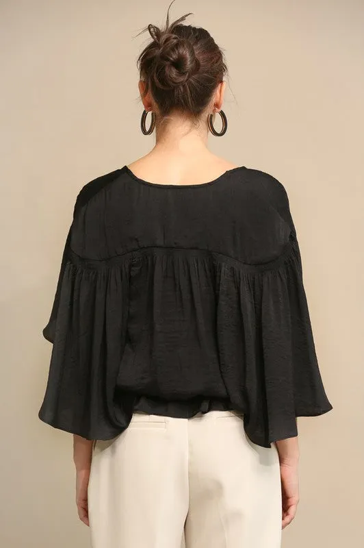 Black Cape Sleeve and Elastic Waist Blouse