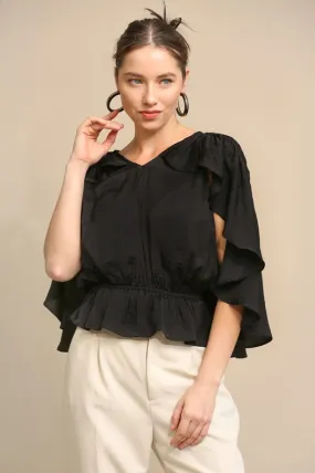 Black Cape Sleeve and Elastic Waist Blouse