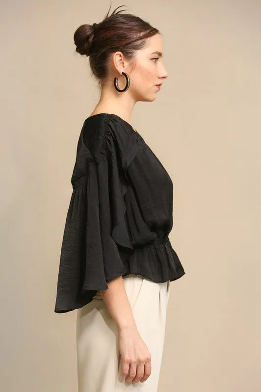 Black Cape Sleeve and Elastic Waist Blouse