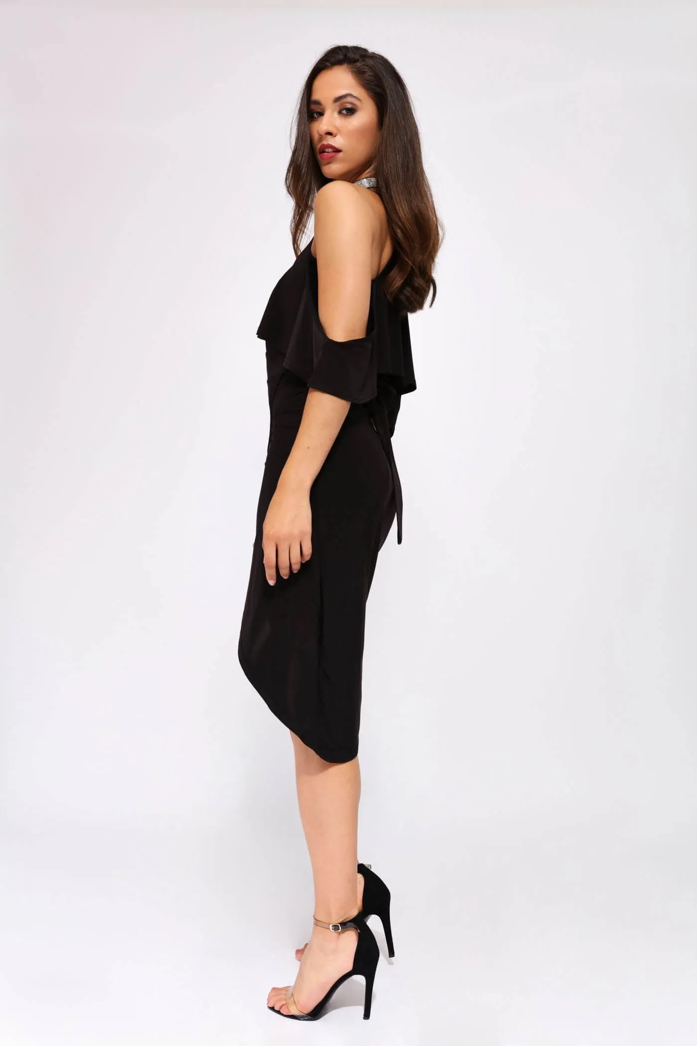 Black Cold Shoulder Mini Frill Wrap Dress