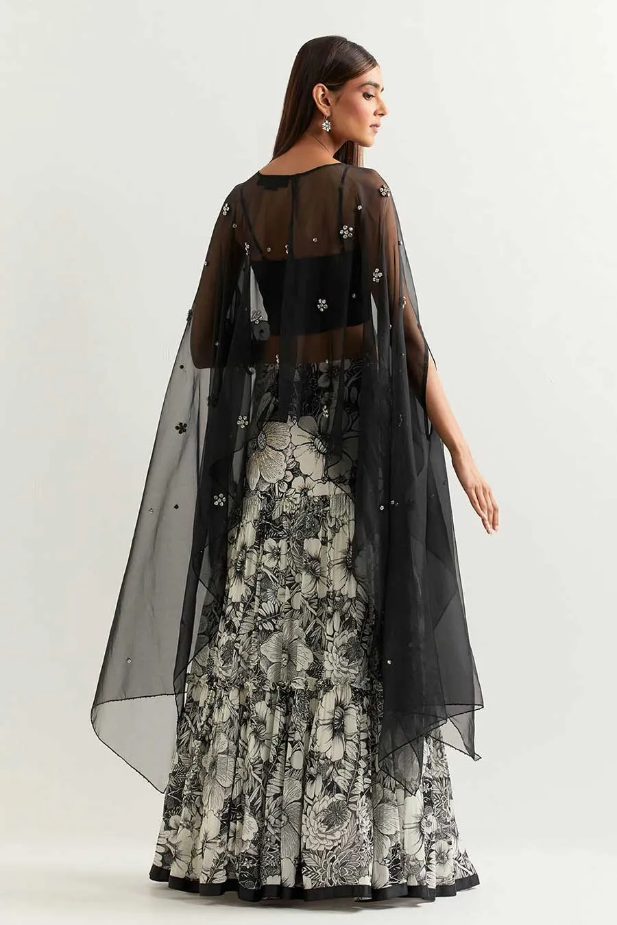 Black Embellished Organza Cape With Printed Skirt