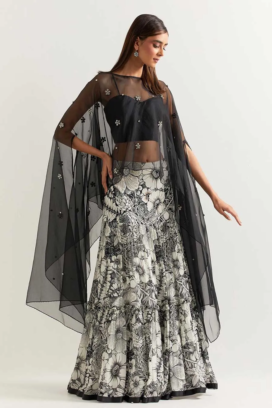 Black Embellished Organza Cape With Printed Skirt