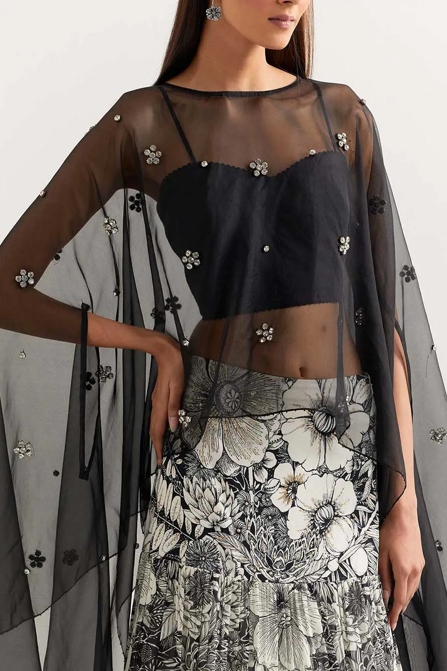 Black Embellished Organza Cape With Printed Skirt