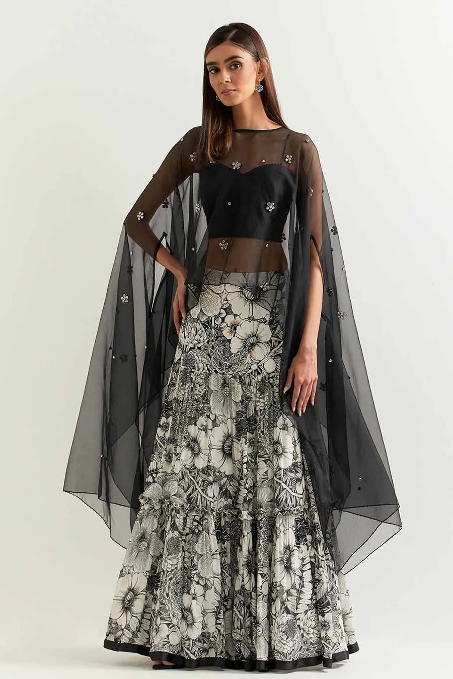 Black Embellished Organza Cape With Printed Skirt