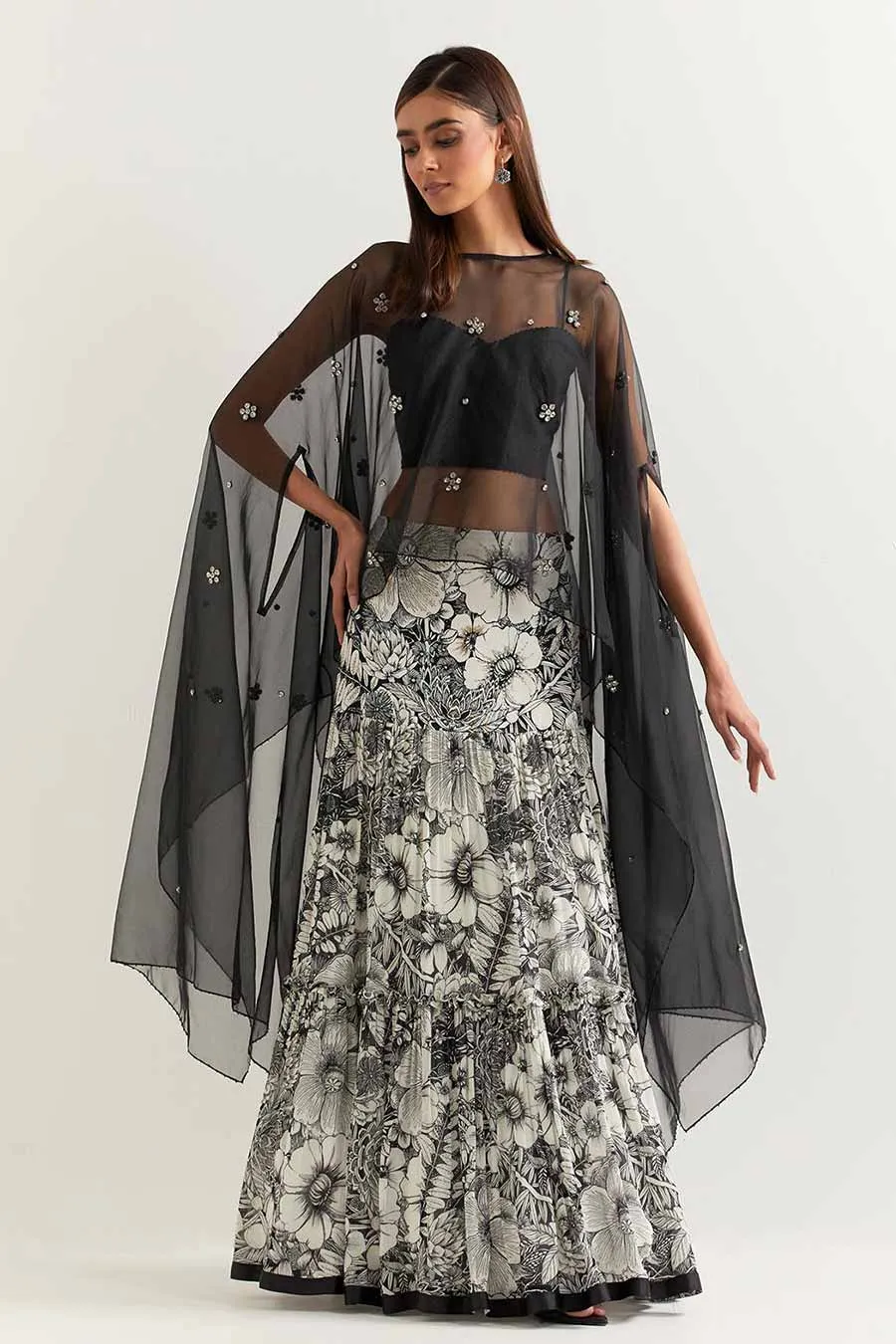 Black Embellished Organza Cape With Printed Skirt