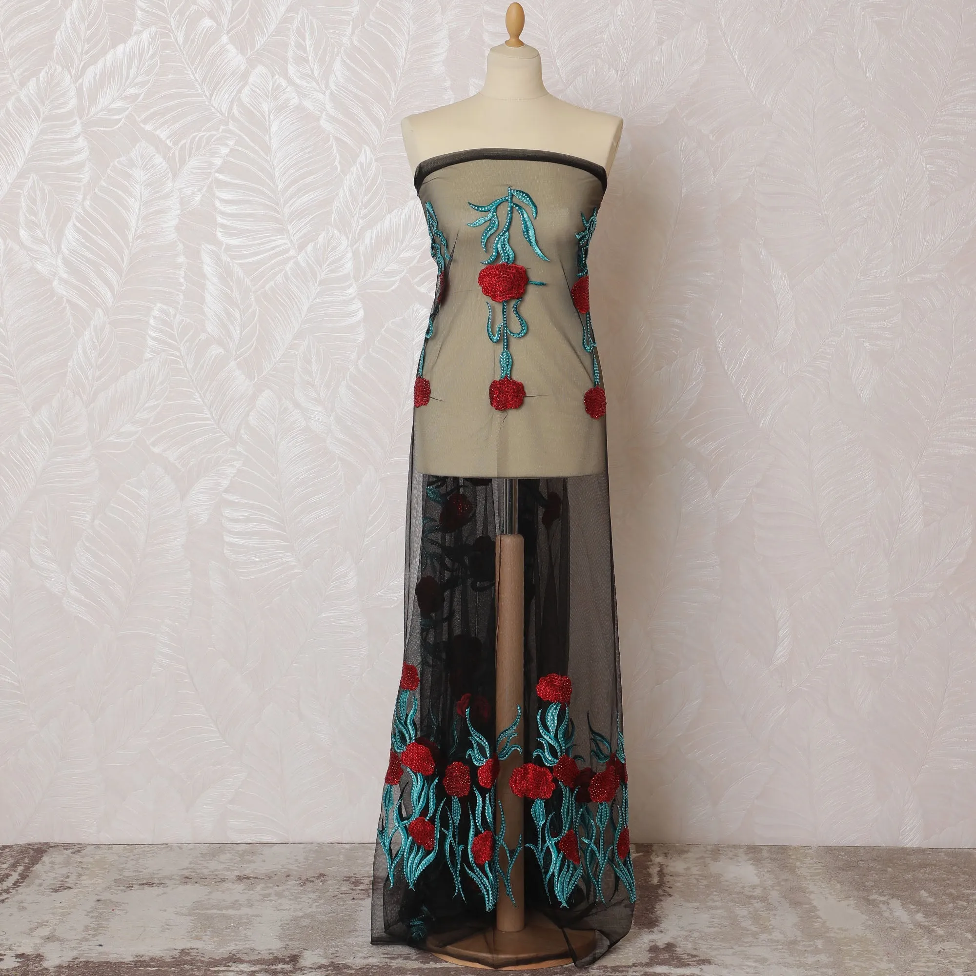 Black Nylon Tulle with Vibrant Red and Aqua Embroidery, 140 cm Wide â€“ Contemporary Floral Design-D19228