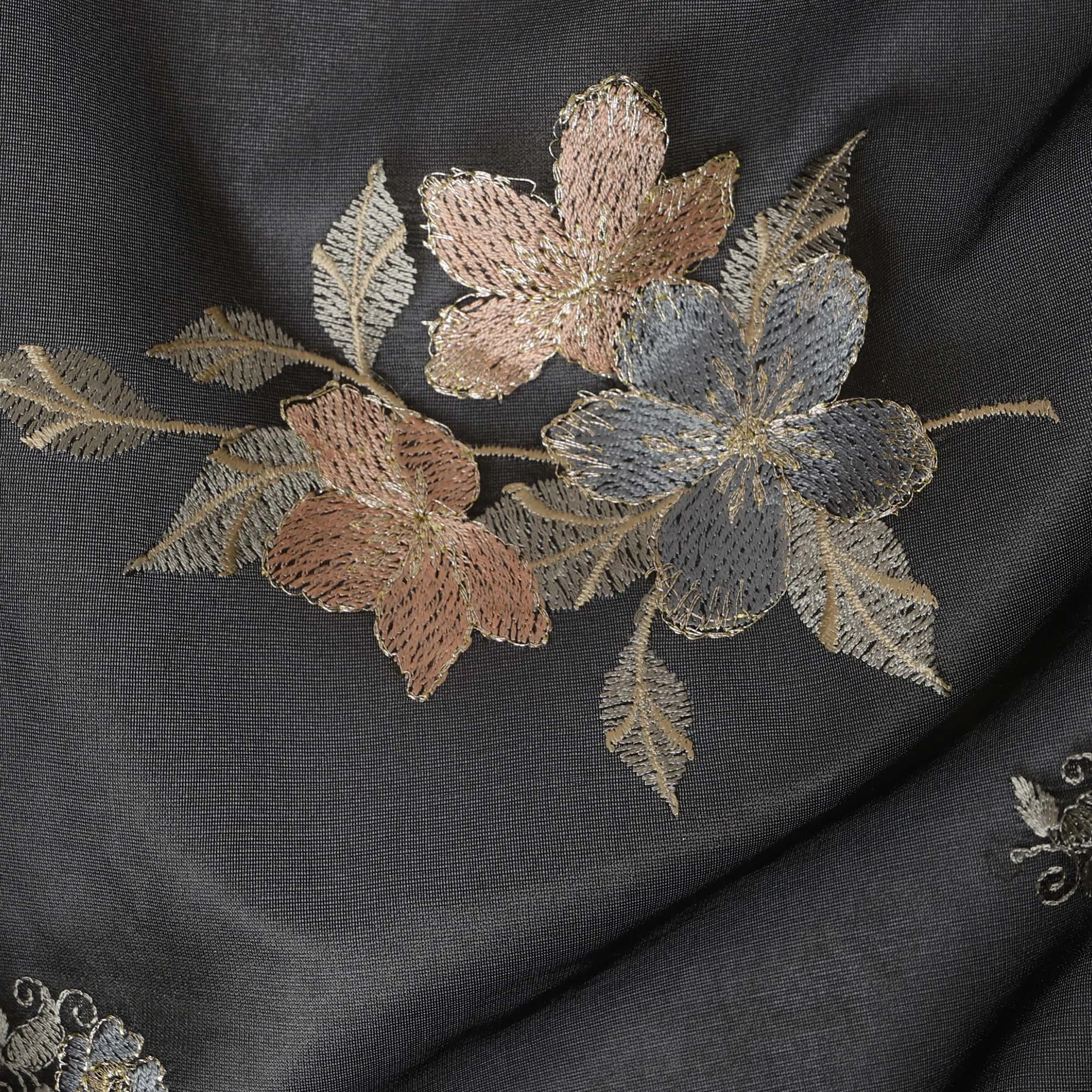 Black Silk Organza Fabric with Peach and Grey Floral Embroidery, 110 cm Width-D20436