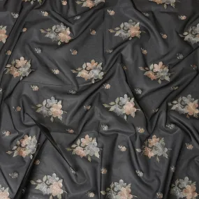 Black Silk Organza Fabric with Peach and Grey Floral Embroidery, 110 cm Width-D20436