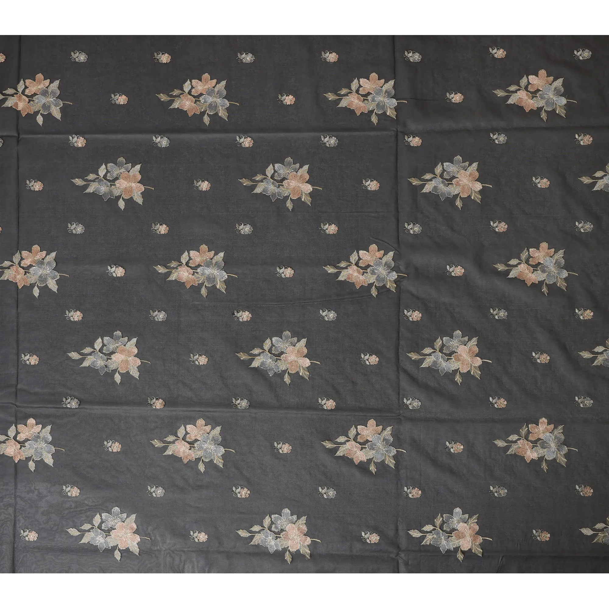 Black Silk Organza Fabric with Peach and Grey Floral Embroidery, 110 cm Width-D20436