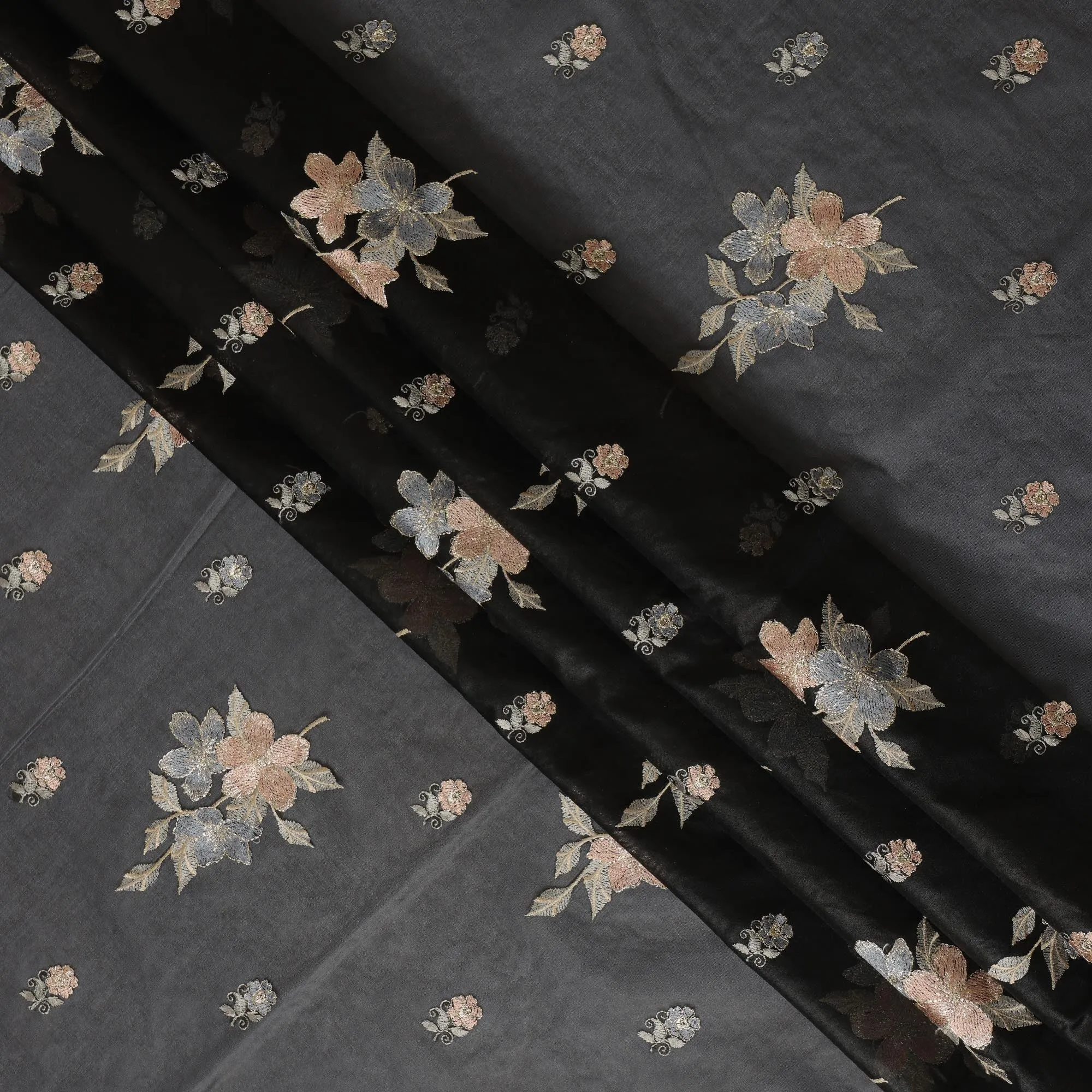 Black Silk Organza Fabric with Peach and Grey Floral Embroidery, 110 cm Width-D20436