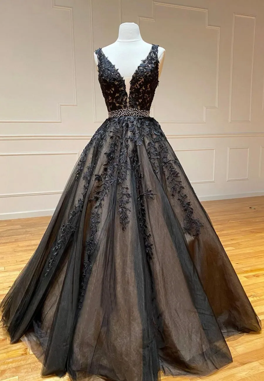 Black V-Neck Lace Long Prom Dresses, A-Line Evening Dresses