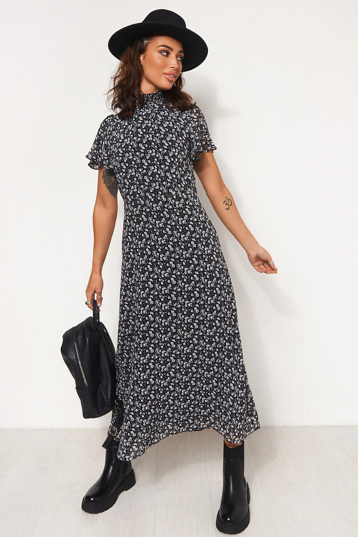 Blake Blue Floral Cape Sleeve Midi Dress