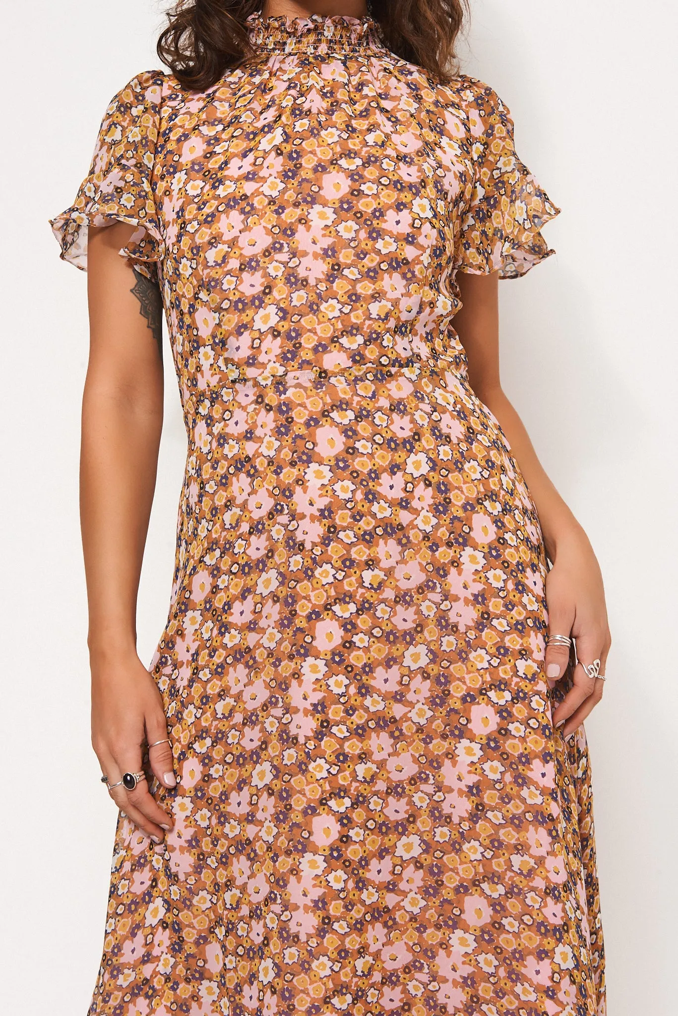 Blake Pink Floral Cape Sleeve Midi Dress