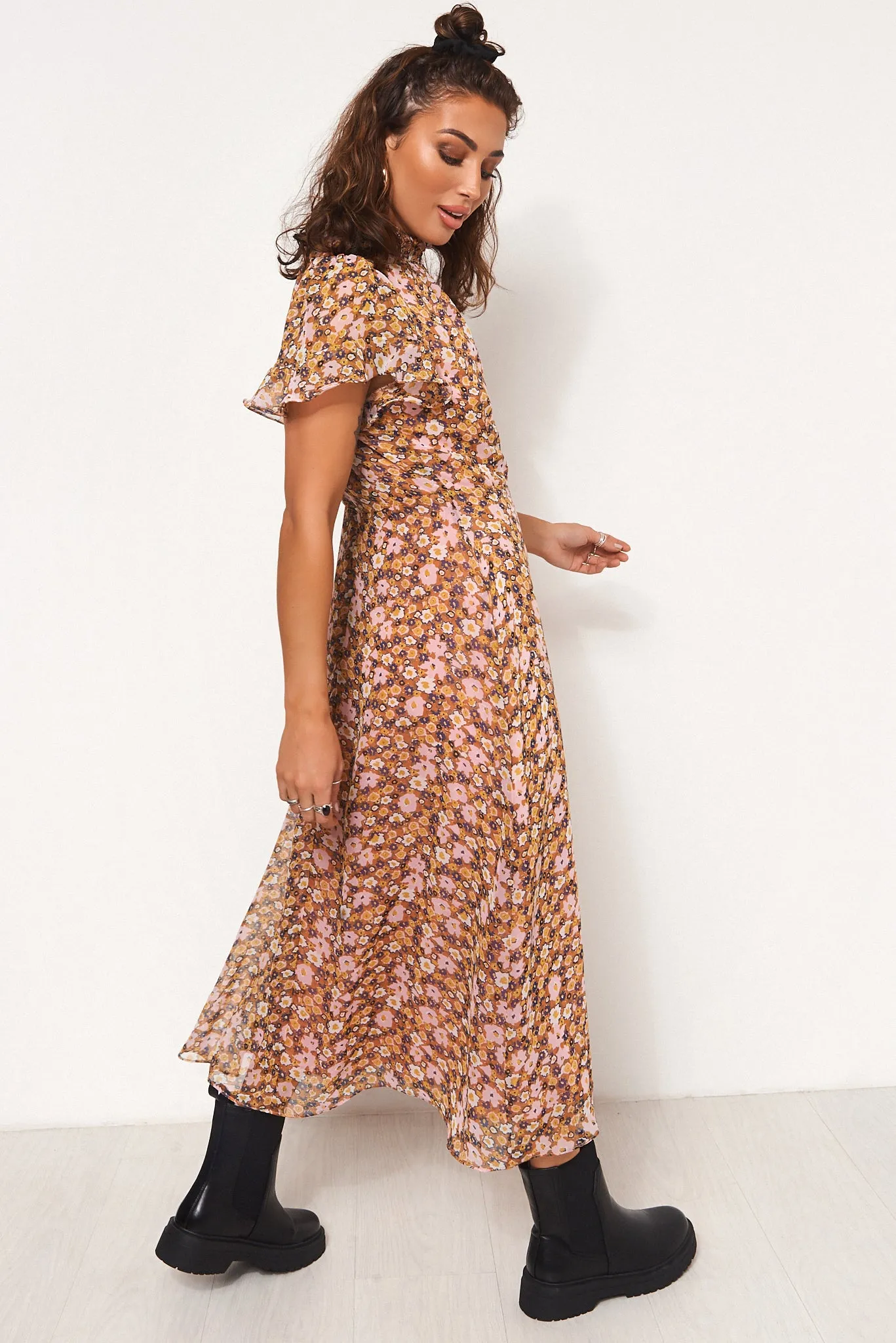 Blake Pink Floral Cape Sleeve Midi Dress