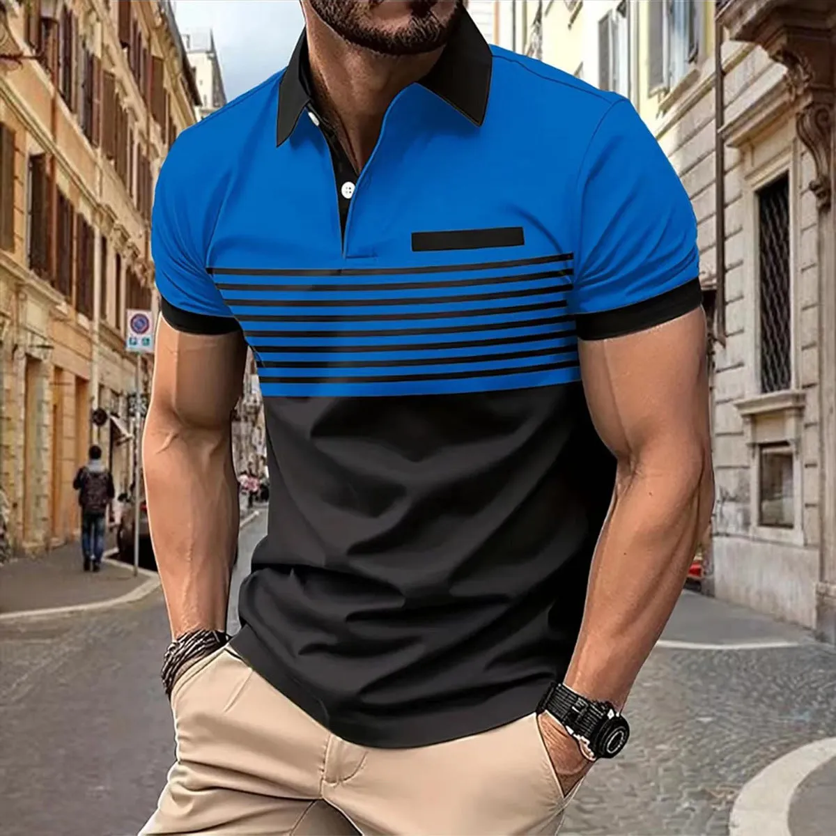 Block Striped Polo Shirt with Chest Pocket